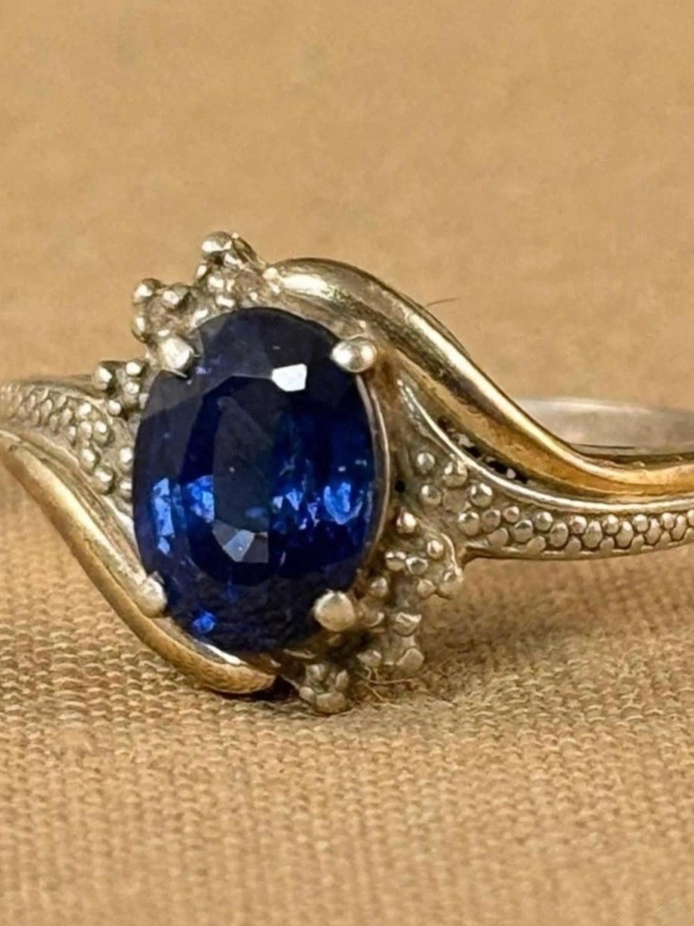 Oval Blue Sapphire Ring with Two-Tone Band 10k